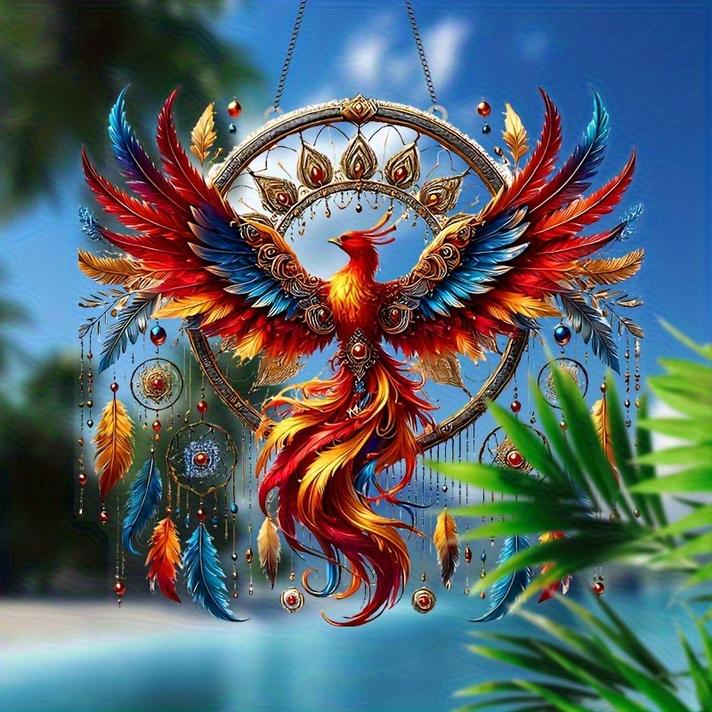 TEMU 2d Flat, 2d Vibrant And Phoenix Dreamcatcher - Double-sided Acrylic Suncatcher With And Beads, Perfect For Garden And Home Decor, An Ideal