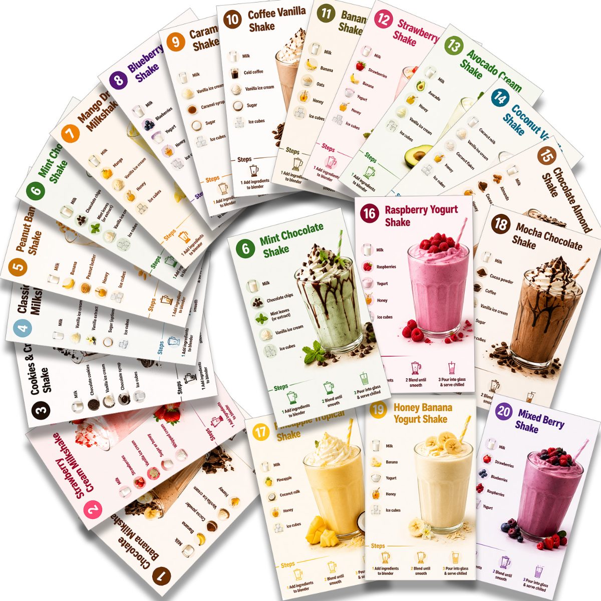 Knjiga s 20 karticami z recepti za milkshake in smoothie - Navodila po korakih tabelami okusov, primerna za domačo kuhinjo, za začetnike, in kot