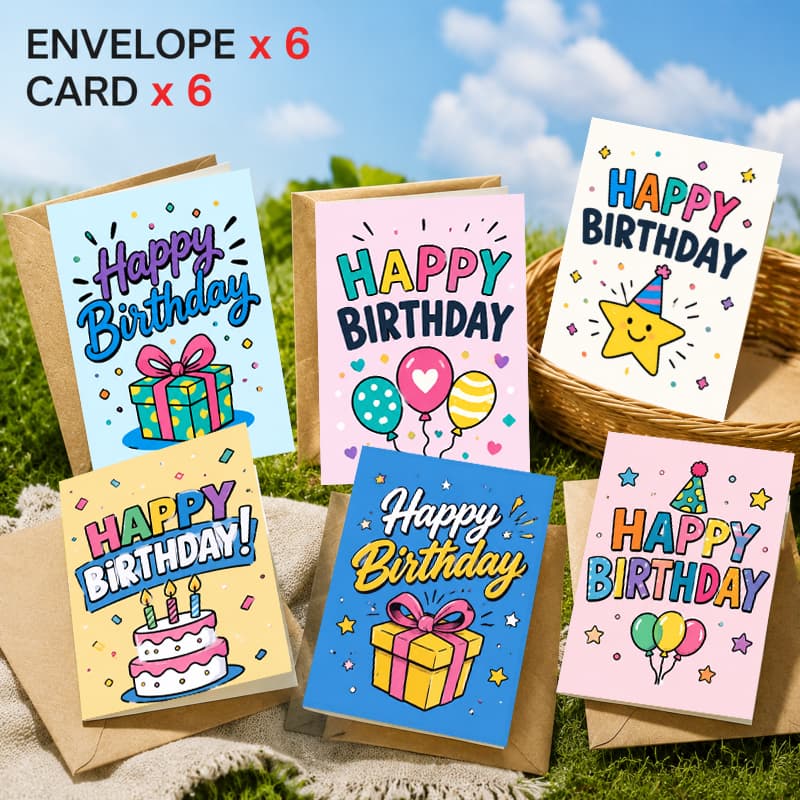 TEMU 12pcs Birthday Card And Envelope Set - Cartoon Happy Birthday, Gift Box, Vibrant Purple/blue/pink, , Style For /family Birthday Celebration