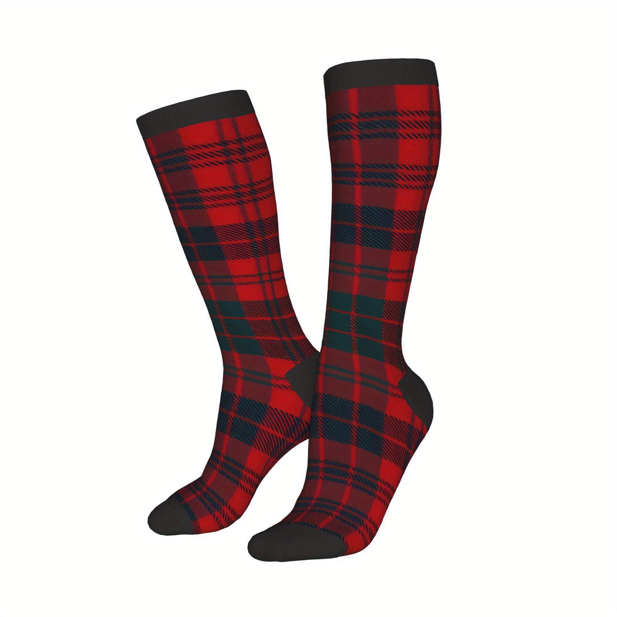 

1 Pair Men's Novelty Seamless Crew Socks, Red Scottish Tartan Hip Hop Vintage Style, Polyester (95% Polyester, 5% Elastane), Knitted Fabric, Hand Wash/