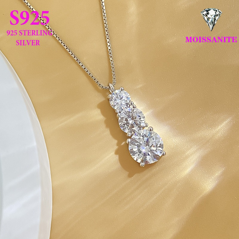 S925 Sterling Silver Three-Stone Moissanite Pendant Necklace