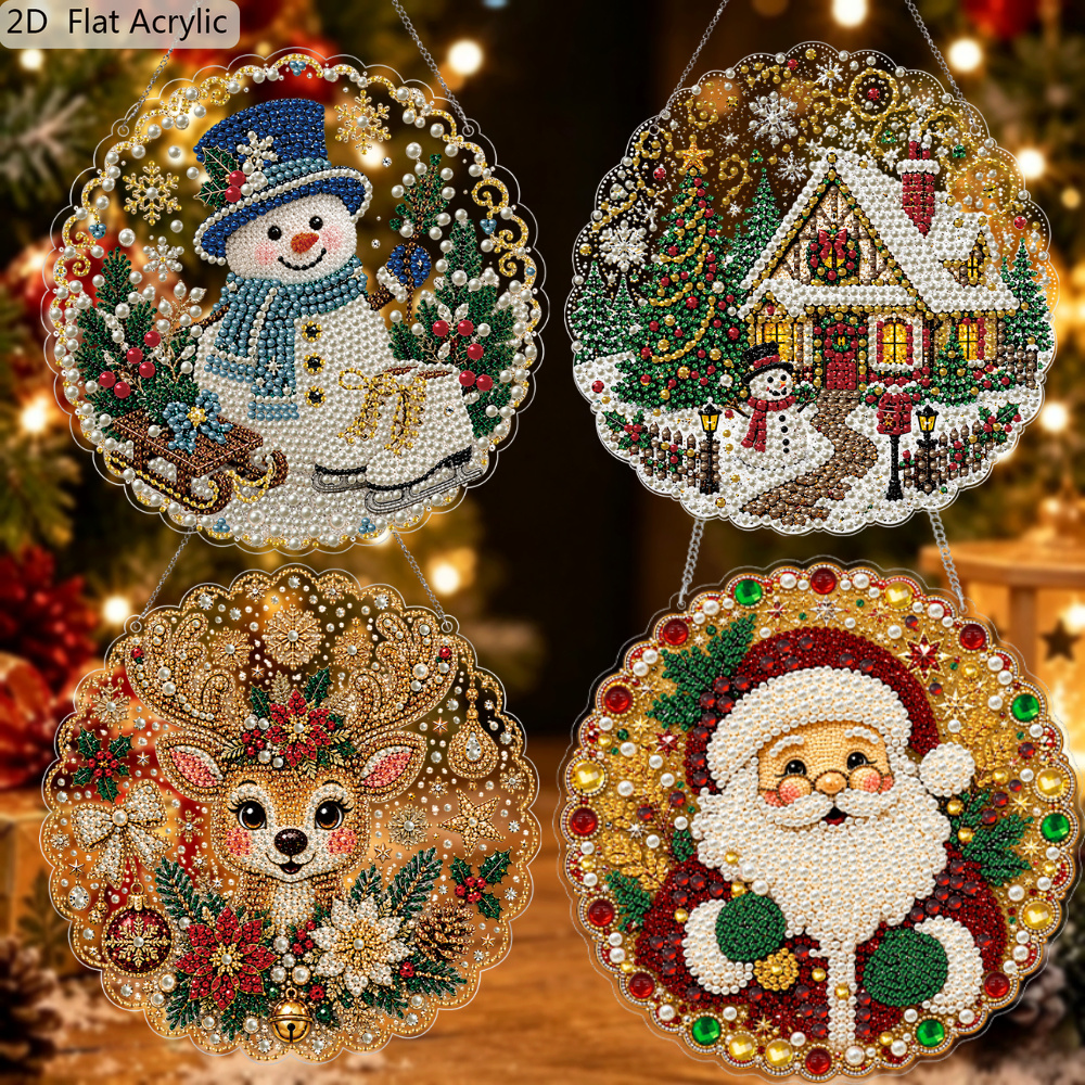 TEMU 2d Flat 4pcs Diamond Painting Kit, Christmas Pearl Kit For Adults, Lace Edge Acrylic Suncatcher, Socks, Deer, Christmas Snowman, Christmas Tree,