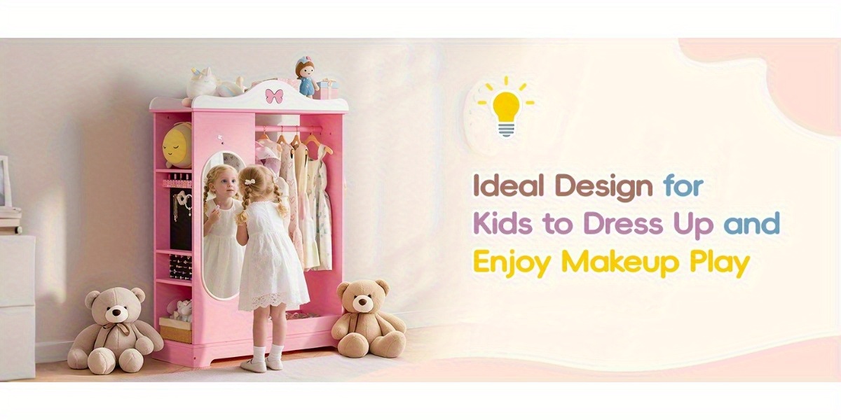 Kids Armoire with Jewelry Cabinet, Kids Dress Up Storage wth Shelves, Girls Wardrode Costume Organizer with Mirror, Children Closet with Armoire for Bedroom, Kids Room, Girls, Kids Room Furniture, Bedroom Storage, Stylish Kids Wardrobe, Playful Design, Hardwood Construction, Quality Wood Finish, Shelved Wardrobe, Parents Organizing, Childrens Clothing