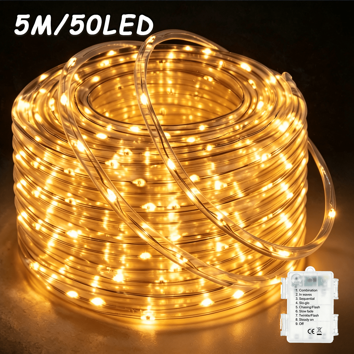 TEMU 50/100/200 LED Buizen, LED String Lights, Fairy Lights; 8 Verlichtingsmodi; Werkt op Batterijen; Geschikt voor Buitengebruik. Wit Licht/Warm