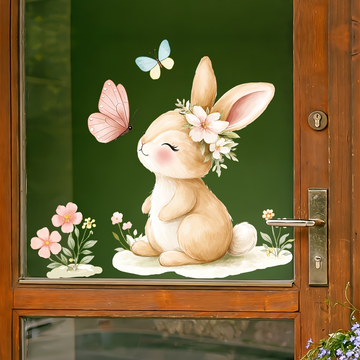 TEMU 1pc Cute Window Cling, Floral Rabbit With Glass Sticker, Spring Flower Pattern Static Window Cling Decal, Removable Glue-free Decorative Glass