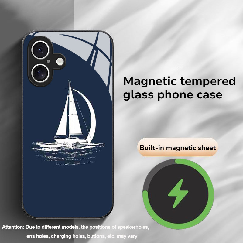 TEMU Phone Case: White Sailboat Pattern Magnetic Tempered Glass Phone Case, Suitable For Iphone X/xr/xs/xs Max/11/12/13/14/15/16/17 Air/plus/pro/pro