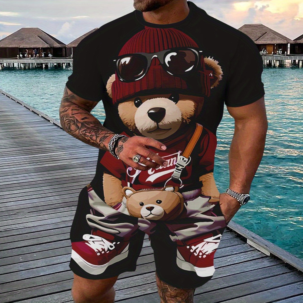 

Men's Summer Casual Sportswear Set, 3d Printed Teddy , Breathable Neck T-shirt And Shorts, 100% Polyester, Slight Stretch, Regular Fit, Knit Fabric - Lash Sets