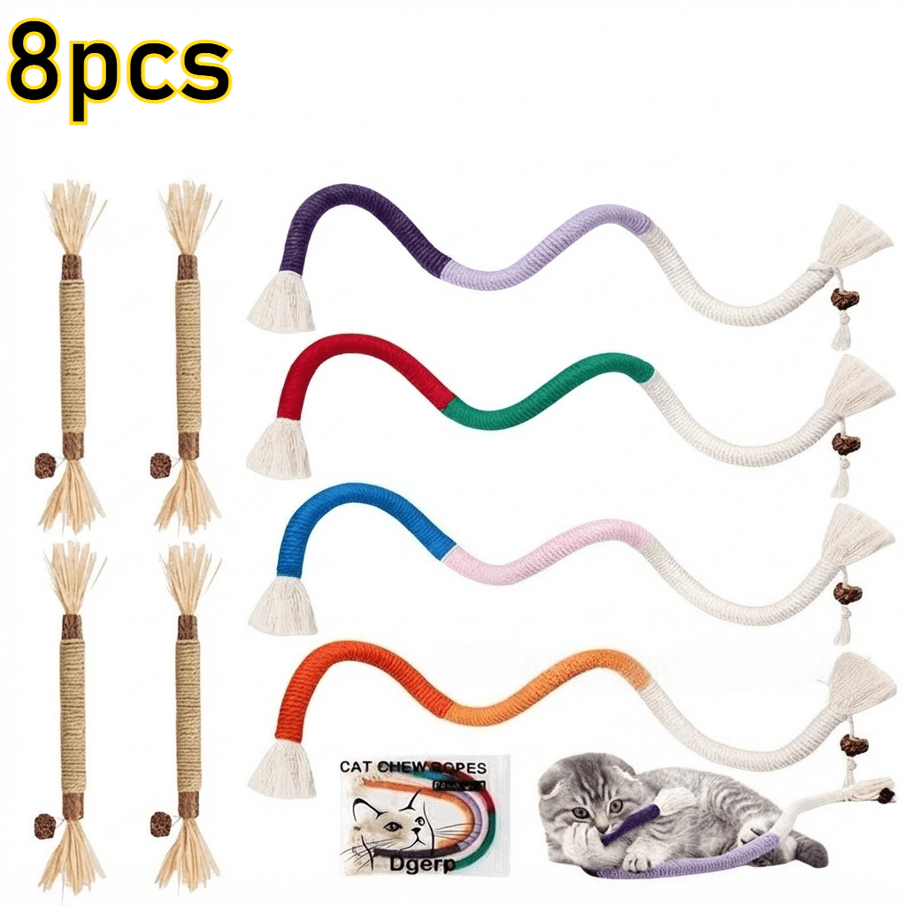 TEMU Juguetes para gatos, paquete de 8 palitos de madera para masticar, cuerda para masticar, entretenimiento multifuncional para interiores , un