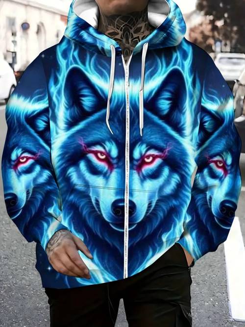 photo de l'article sweat à capuche zippé pour homme avec imprimé et flamme bleue, convient pour une tenue décontractée dextérieur et un , taille