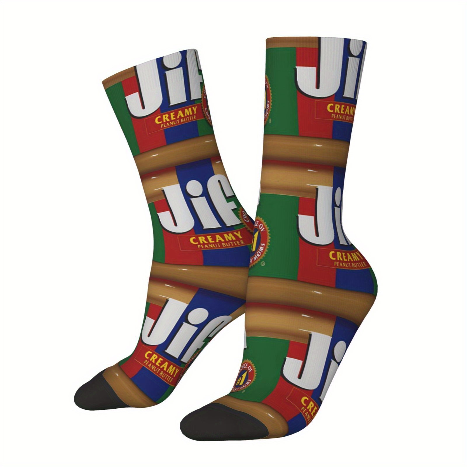 TEMU A Unisex Pair Of Outdoor Socks With A Creative Peanut Butter Jar Pattern Print, Mid-calf Length, Machine Washable, Suitable For Outdoor Sports