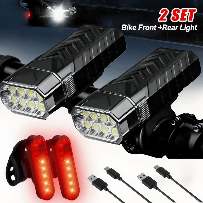 TEMU 2 Sets Portable 8 Led Bike Lights, Usb Rechargeable 1200mah Headlight, 3 Front Light +4 Tail Light , High Visibility Safety Led Bicycle Light