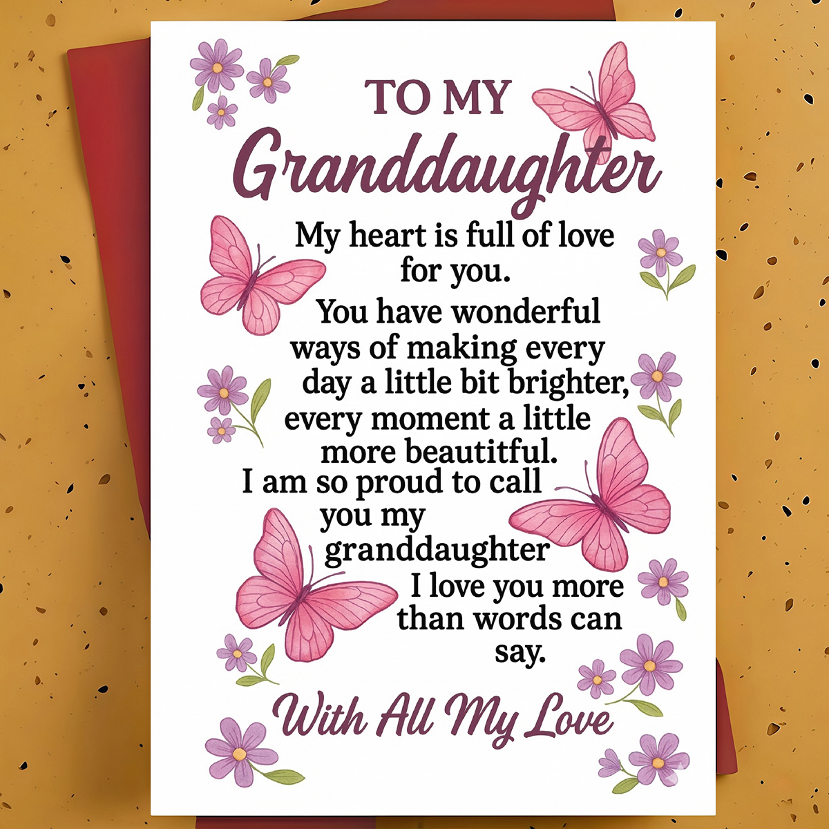TEMU 1pc A Greeting Card For A Granddaughter Featuring Pink Butterflies And Purple Floral Watercolor Art, A Sweet And Card, Complete With An Envelope