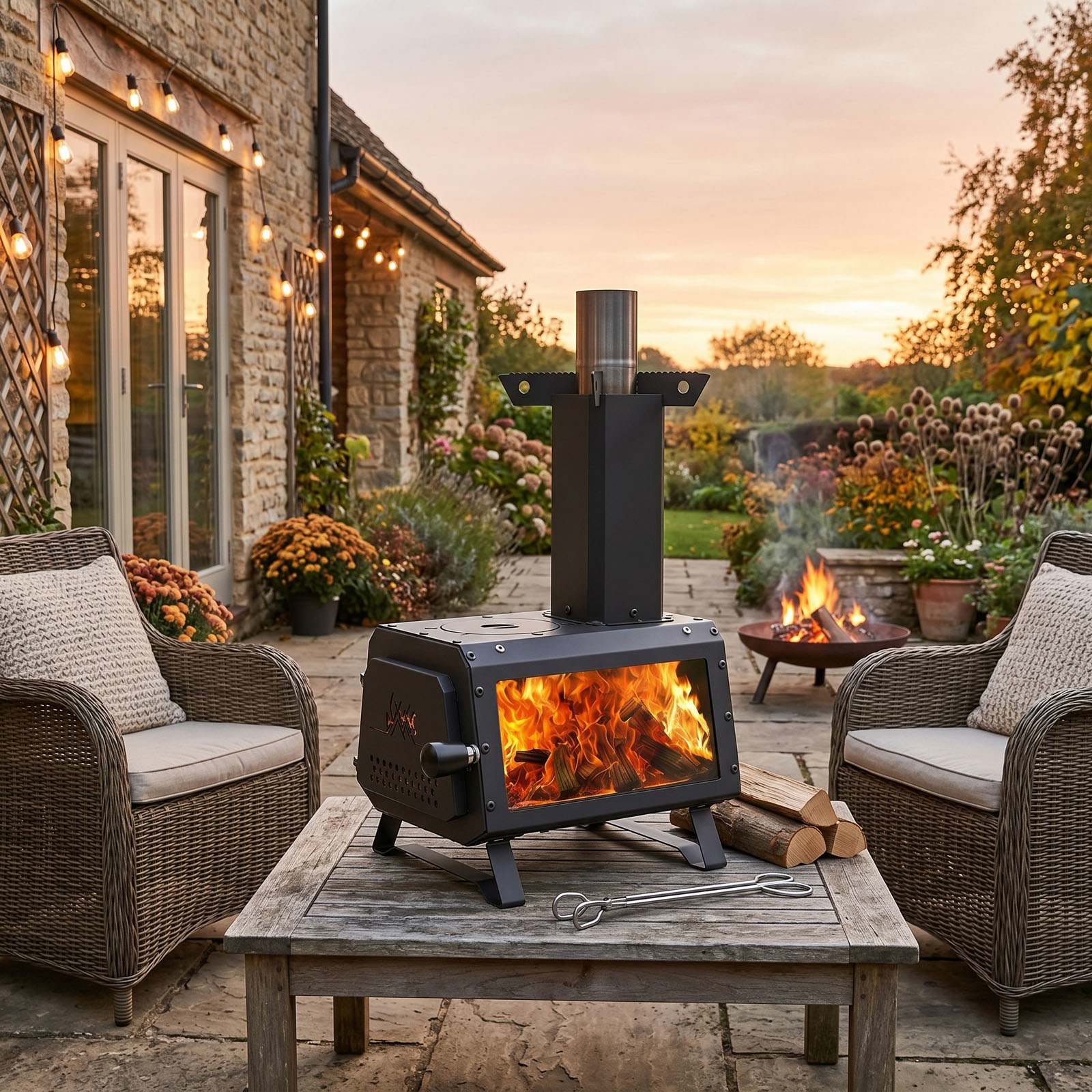 Image of Indoor Wood Burning Stove With Large Viewing Window, Adjustable Air Vents, Lid, And X-shaped Holder For Efficient Heat And Cooking