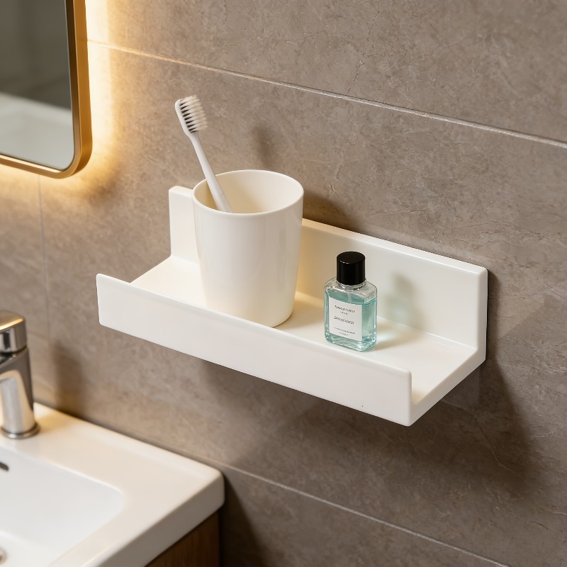 TEMU Self-adhesive Wall-mounted Storage Rack Set - Durable Plastic Bathroom And Kitchen Organizer, Suitable For Bedroom, Living Room, Bathroom