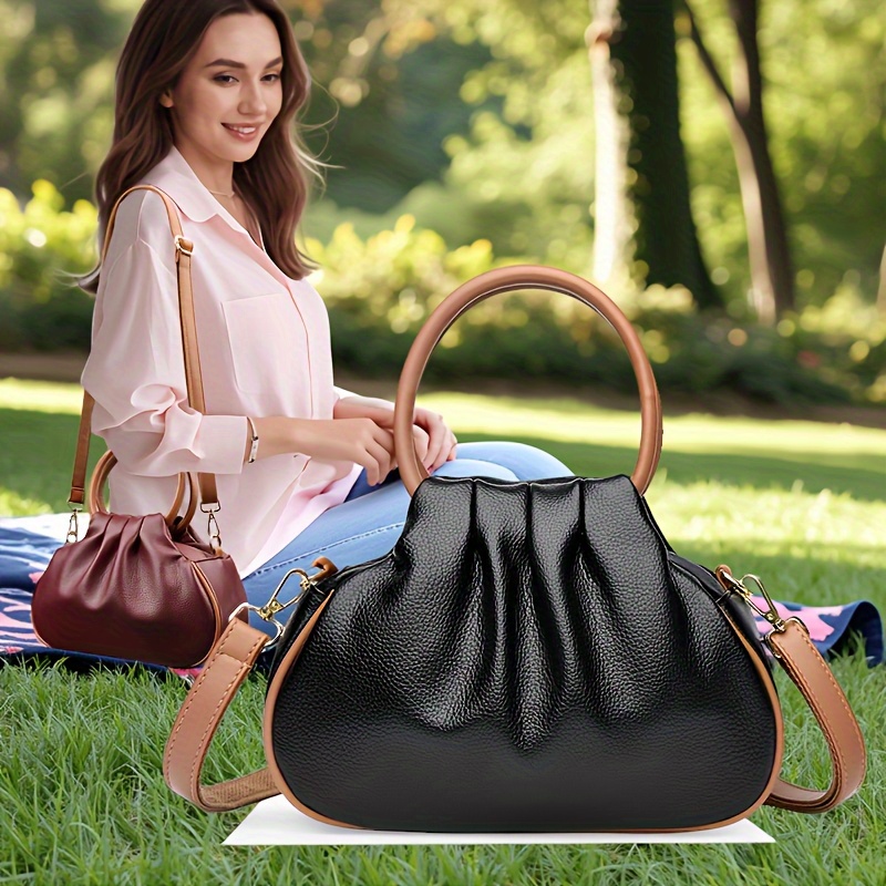 Genuine Leather Women'S Shoulder Bag, New European and American Retro Style, Fashionable Versatile Cloud Dumpling Bag, Business Commuting Crossbody Handbag with Zipper Pocket, Phone Pouch, ID Holder, Elegant Pleated Design for Shoulder Carry or Hand Use