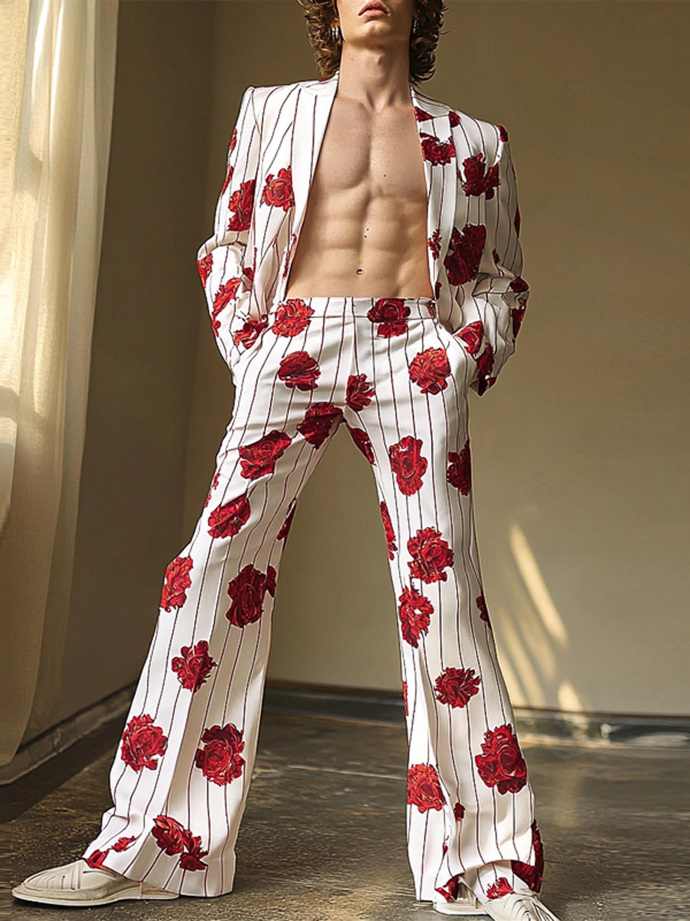   men   print lapel long sleeve   with elastic waist trousers loose thin nightclub party casual pants set plus size red 0