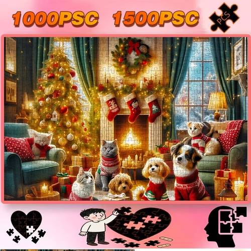 artikel foto legpuzzel 1000/1500 stukjes voor volwassenen, kartonnen materiaal, kersttafereel met huisdieren & cadeaus, meerdere specificaties beschikbaar, feestdagcadeau voor ontspanning, gezellige feestelijke decoratieve puzzel