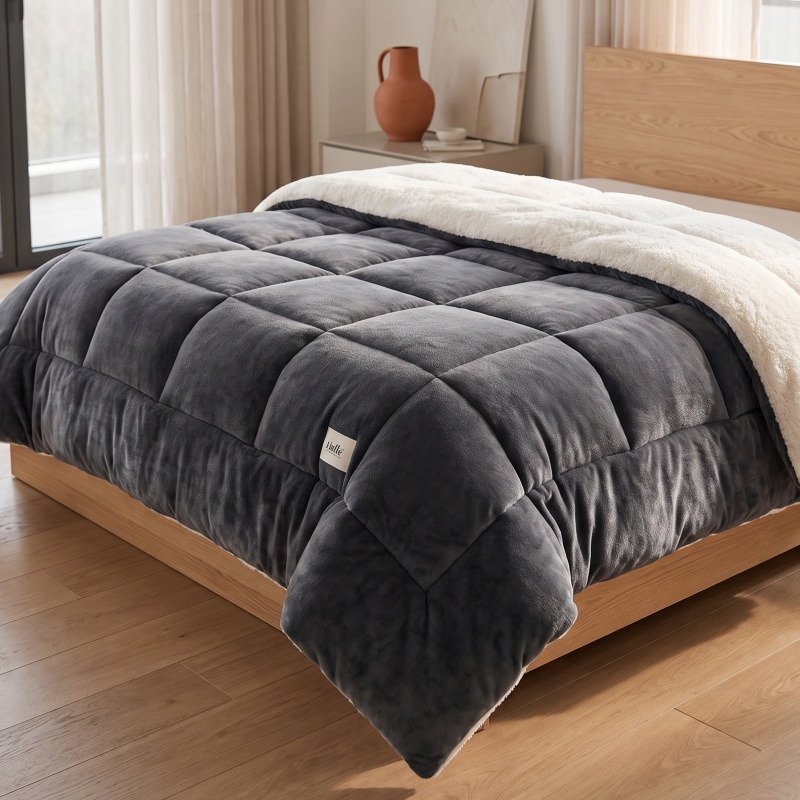 Image of Fluffy Filled Comforter, Reversible With Lining, Warm Soft Bedding In Grey And Blue, 4 Sizes 135-240cm, Great Gift Idea