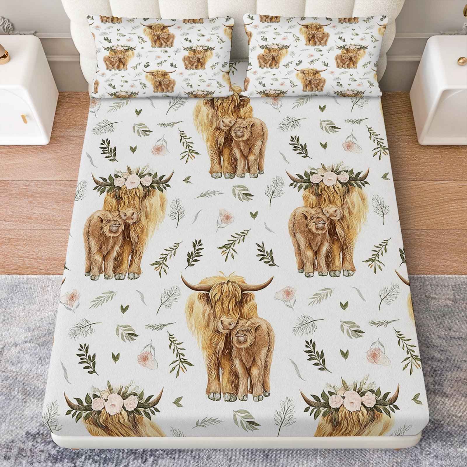 TEMU 3pcs Animal Floral Highland Cow Bed Sheet Fitted Sheet 3 Piece Set (1*fitted Sheet+2*pillowcases, ), Farm Theme, Bedding Set, Mattress Protector