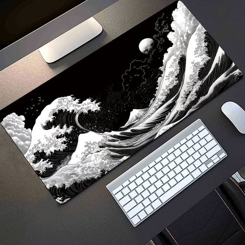 1pc extended gaming mouse pad and pc desk keyboard mat japanese style black and white minimalist wave pattern laptop protector mat study desk pad durable non slip base high definition printing multiple sizes xl xxl ideal for home