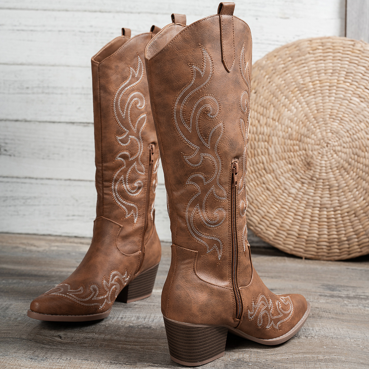 Image of Women's Chunky Heel Western Cowboy Boots Stylish Side Zipper Boots Fashion Pointed Toe Long Boots, Women Shoes