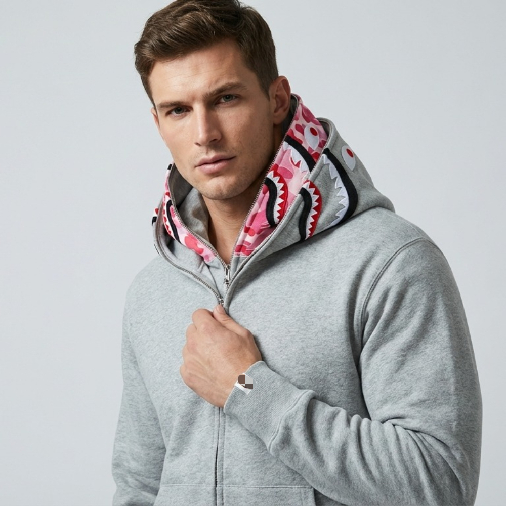 Men'S & Unisex Shark Graphic Zipper Double Hoodie Jacket | 3D Shark Head & Ape/Human Design, Loose Fit Batwing Sleeves, Light Gray Pink Camo Print, Machine Washable, Casual All-Season Outerwear, Fashion Old School Vibe Hoodie