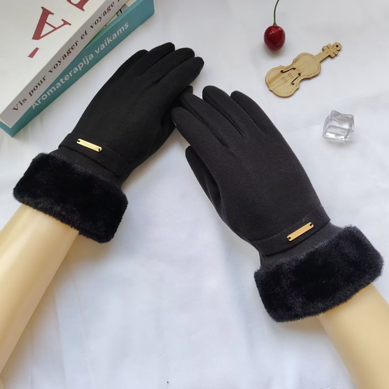 Light Luxury Metal Label Plush Faux Warm Gloves