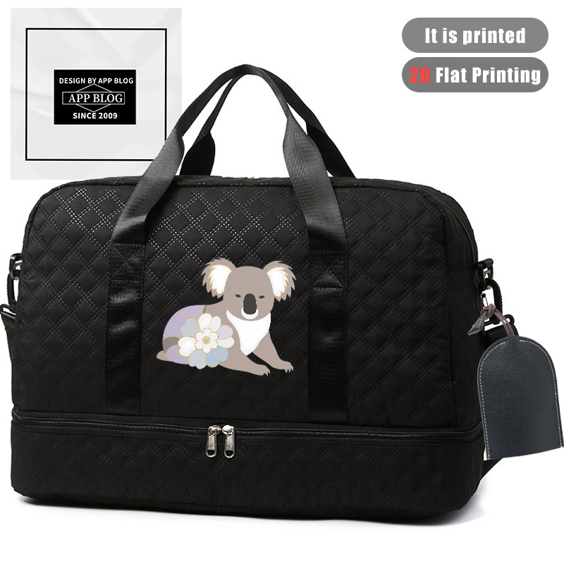 2pcs Hydrangea Koala Pattern Women's Shoulder Bag Travel Bag Duffel Bag With Black Key Organizer Large Capacity Gym Bag Independent Shoe Compartment Casual Duffel Bag - Small Key Storage Pouch