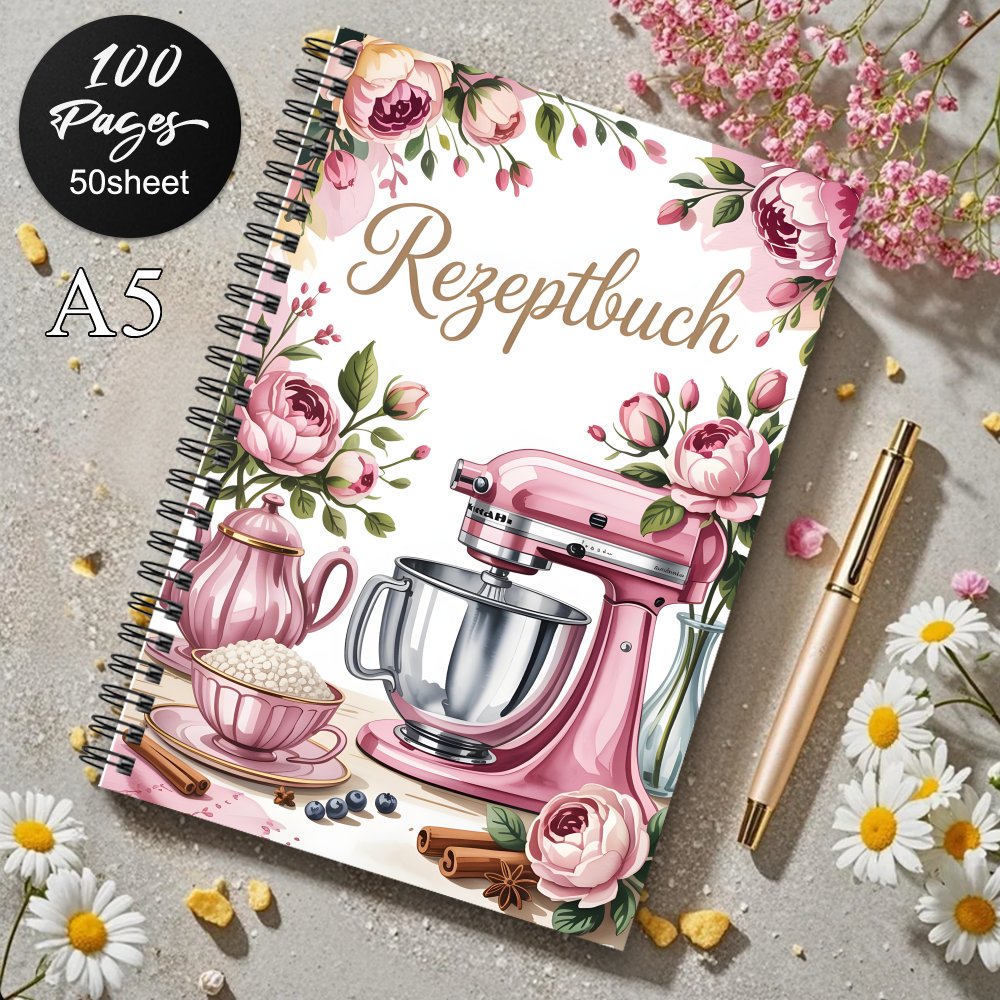 E-shop 1 Stück Deutsches Rezeptbuch mit in deutscher Sprache - Blumen-Backthema mit rosa Standmixer & Teekannen-Abdeckung, Rezeptjournal für Hobbyköche