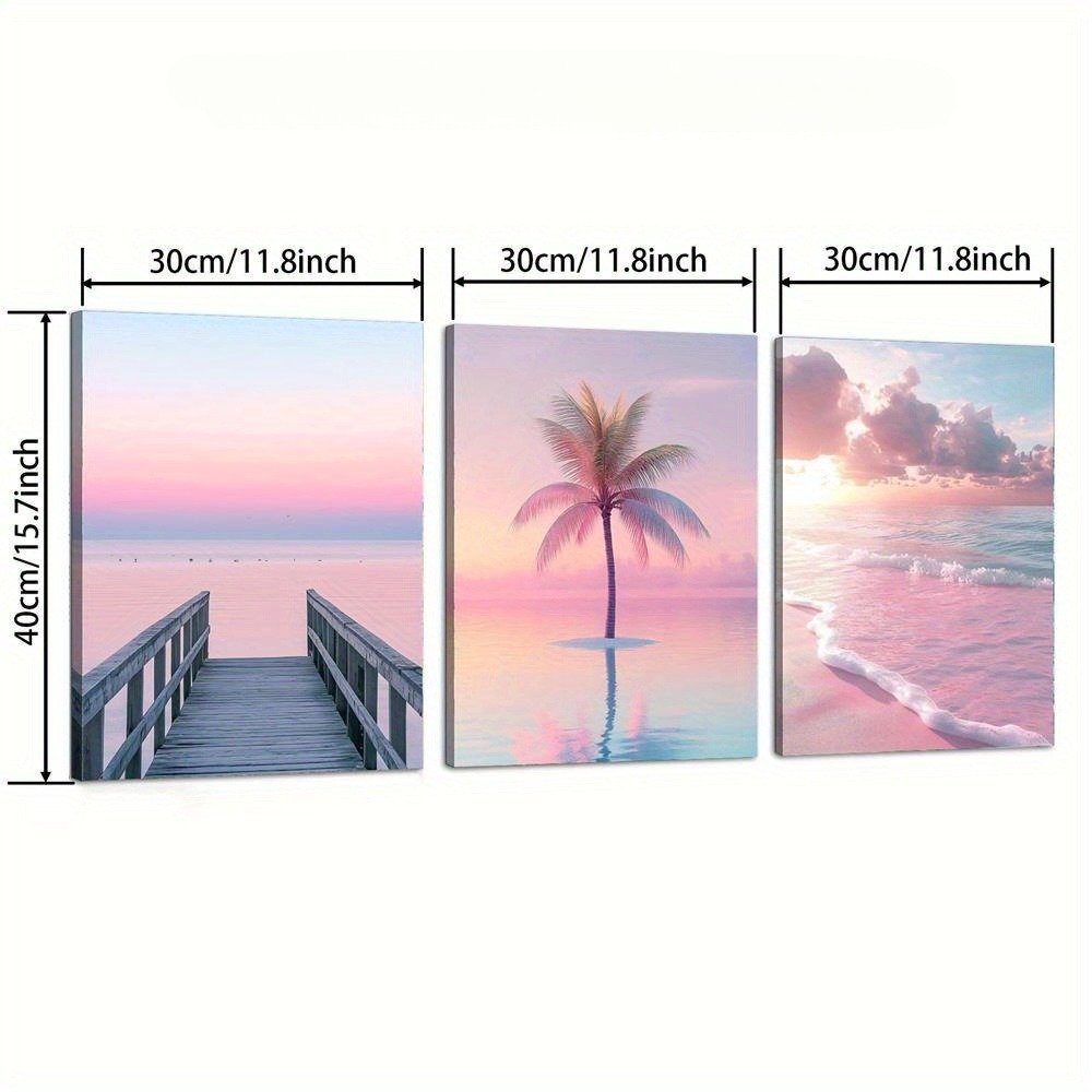 E-shop 2D-Flach, 3-teiliges 2D-flaches modernes Leinwandbild, Leinwanddruck rosa Sonnenuntergang am Strand, Kokospalmen Meereslandschaft, tropische