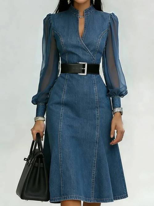 item picture womens denim dress with mesh puff sleeves stand collar v neck a line midi elegant denim midi dress for women mesh sleeve stand collar v neck fitted a line dress for office