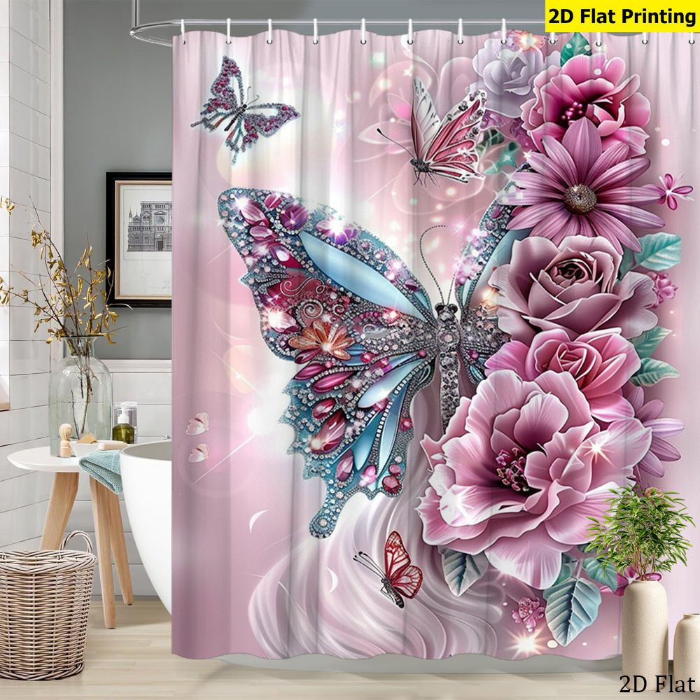 TEMU 2d Flat, 2d Curtain, 1pc, Floral Shower Curtain, Bathroom Decor Bathtub Partition Hanging Curtain, With Hooks, Flower And Design, Suitable For
