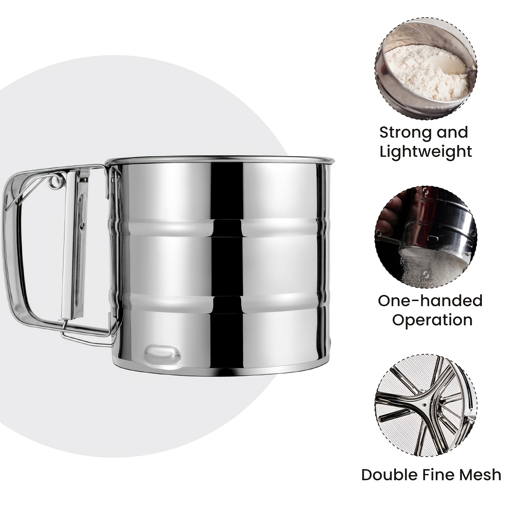 TEMU 1pc Stainless Steel Flour Sifter With Double Layer Fine Mesh, 1 Hand Press Crank, Powdered Sugar Shaker Duster For Baking Cakes - Ideal For