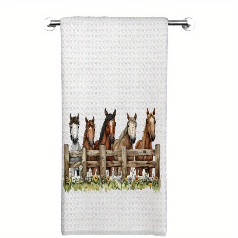 

1pc Modern Horse Garden Cartoon Theme Kitchen Towel, 18x26 Inch, 100% Polyester, Super Soft, Quick-dry, Absorbent, Machine Washable, Woven Oblong Towel For Spring Valentine's Day Kitchen