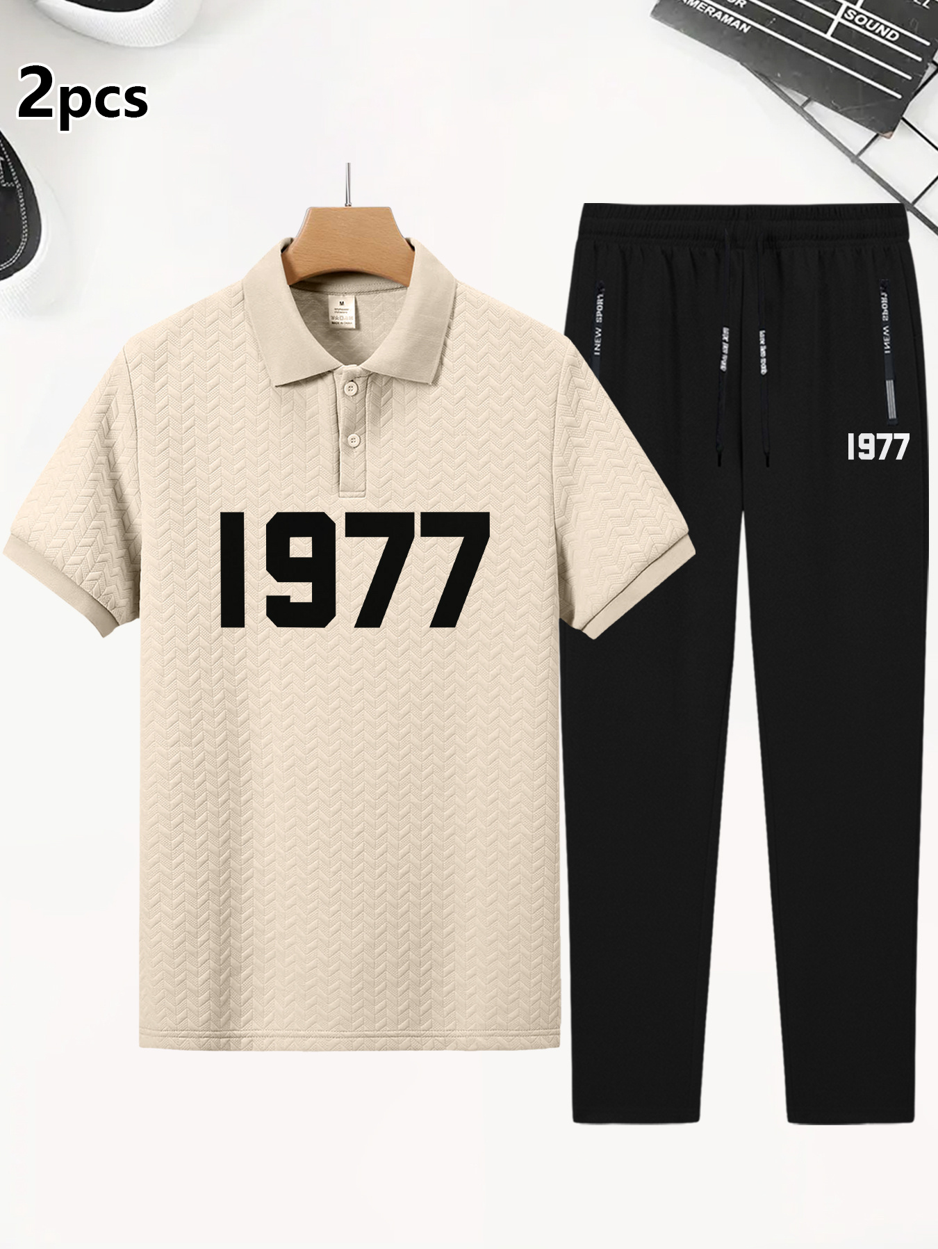 1977 프린트 엘리먼트 남성용 여름 반팔 폴로 투피스 세트, 스타일리시한 남성 캐주얼 폴로 아웃핏 롱 팬츠 포함.