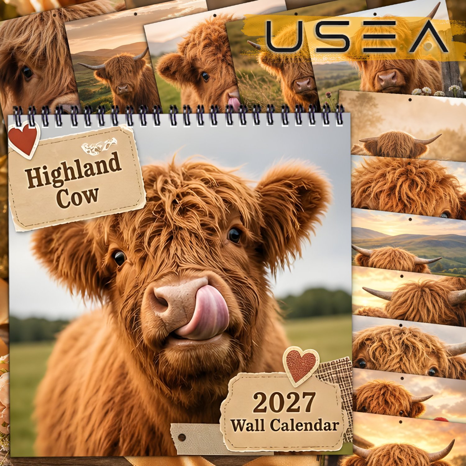 TEMU Highland Cow Wall Calendar 2027 Planner & Organizer - Large Blocks, Twin Wire Spiral Hanging Monthly Calendar Suitable For Office, Farmhouse
