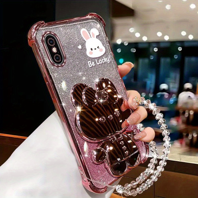 

Diamond Wrist Strap Glitter Makeup Mirror Rabbit Phone Holder Case On For Iphone Xs Max Anti-knock Stand Back Cover