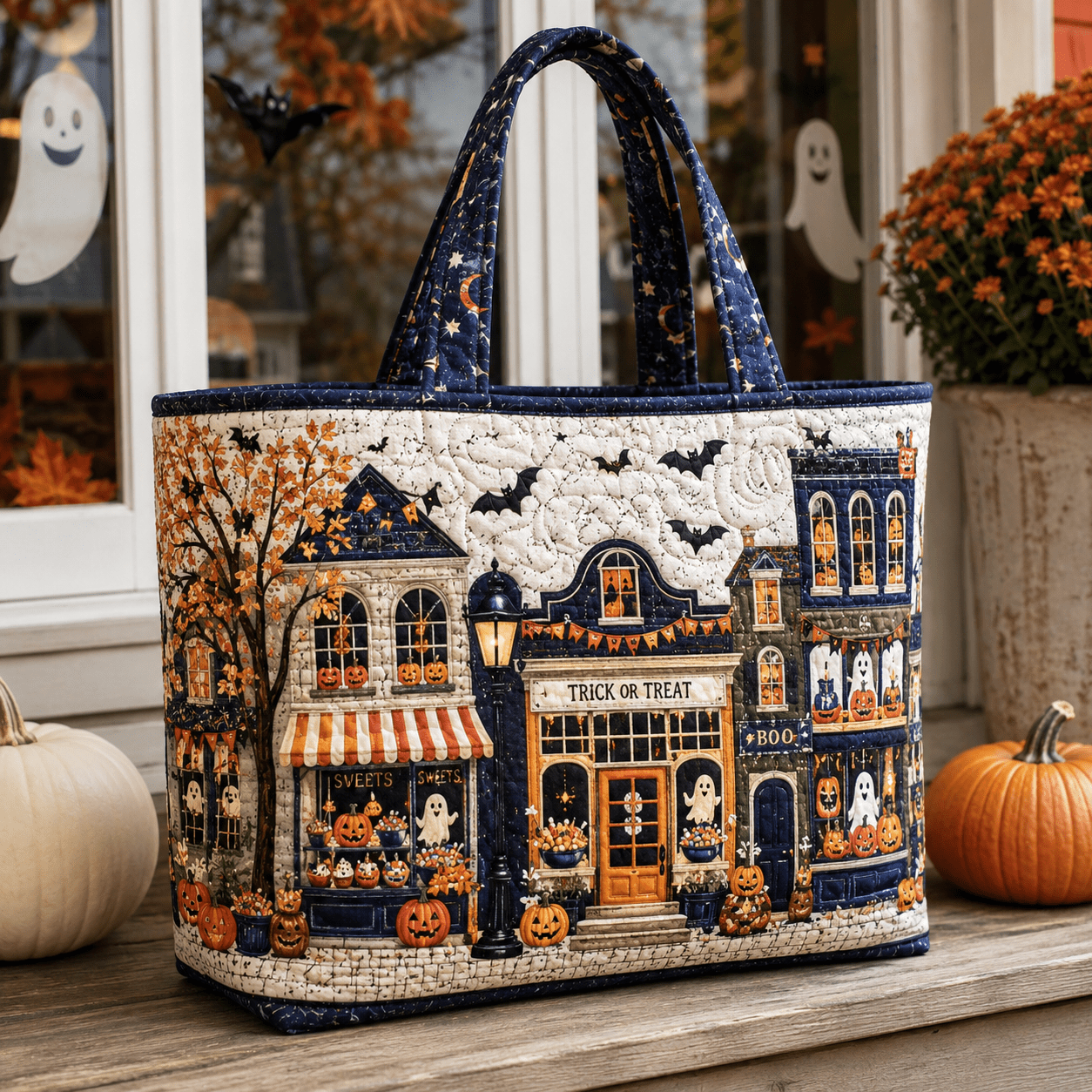 TEMU Women's Quilted Tote Bag, For Halloween Town Shop Pumpkin And Night , Blue Orange Black Vintage , Large Handbag For Halloween Parties, Fall