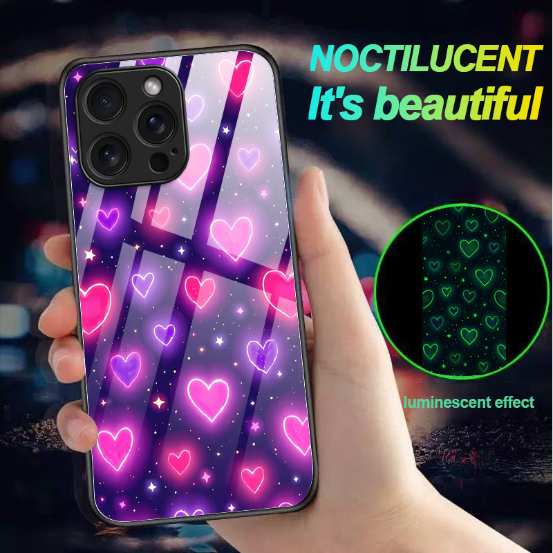 TEMU Phone Case: Neon Hearts And Stars Pattern Light Phone Case Shockproof Luminous Without Power For Iphone 17 Pro Max/16/15/14/13/12/11 Luminous