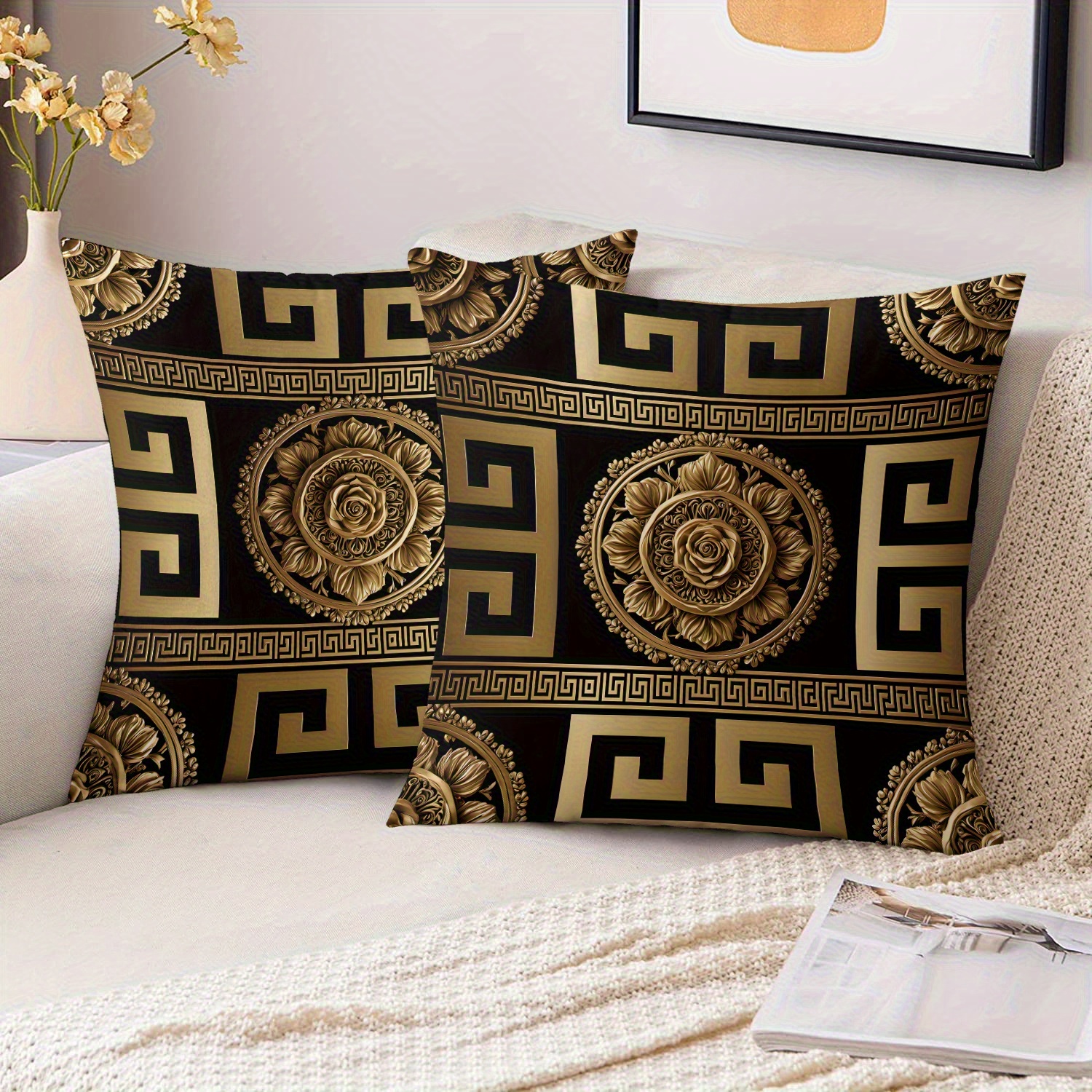 TEMU Set Of 2 Stylish Pillow Covers Made Of Soft Plush Fabric, Featuring A Golden With A Double-sided Print. Each Cover Measures 18 Inches By 18