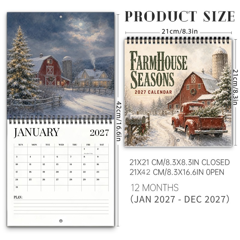 TEMU Farmhouse 2027 Wall Calendar Barn Silo And Snowy Spiral Bound Thick Paper And Marked Holidays Home And Office Organizer Halloween And Christmas