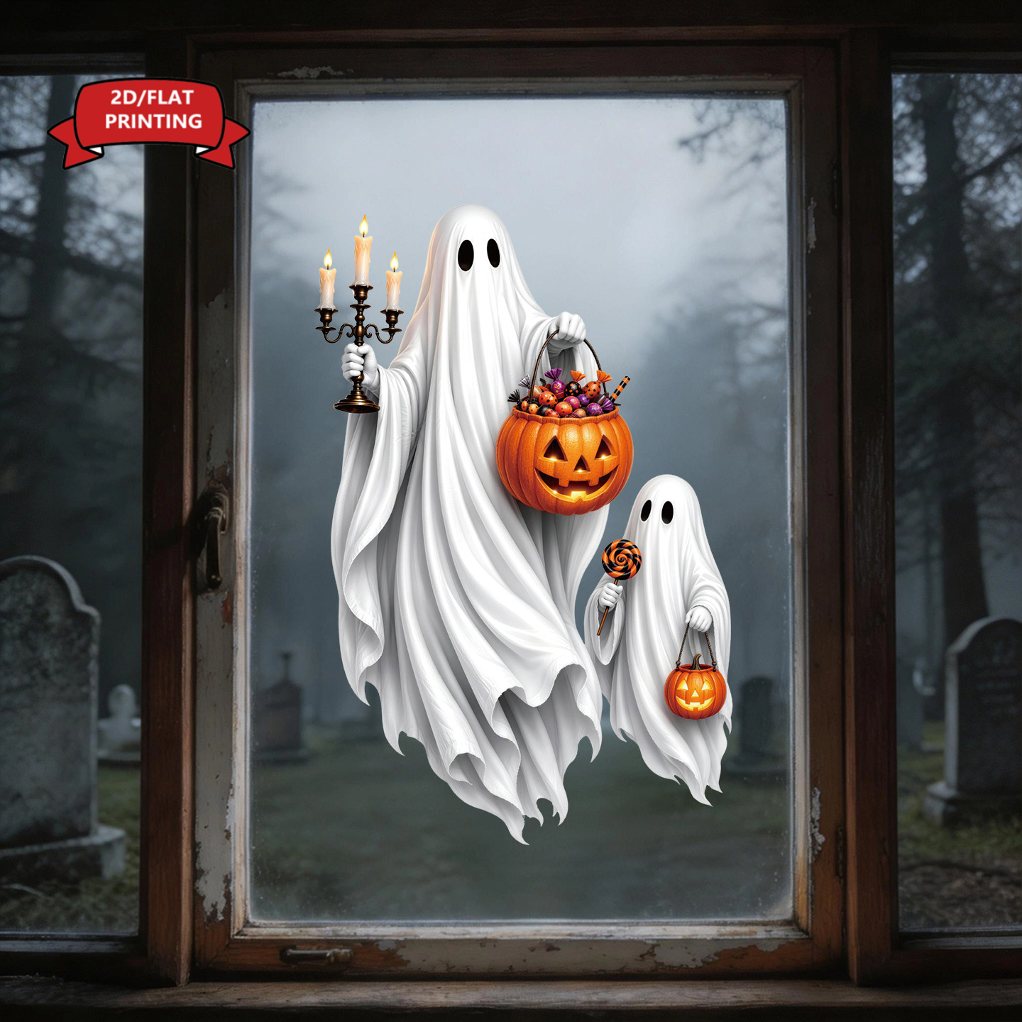 TEMU 2D Plat - 2D Plat - 2D/PLAT 2D Vlakke Print 1 stuks Halloween Statische Raamfolie, Herbruikbare Dubbelzijdige PET Raamsticker zonder Residu met