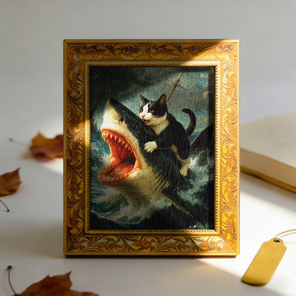 E-shop Ein Kühlschrankmagnet aus Holz mit einer schwarz-weißen Katze, die auf einem Hai reitet, ein Mini-Dekorationsbild mit einem lustigen Design, das