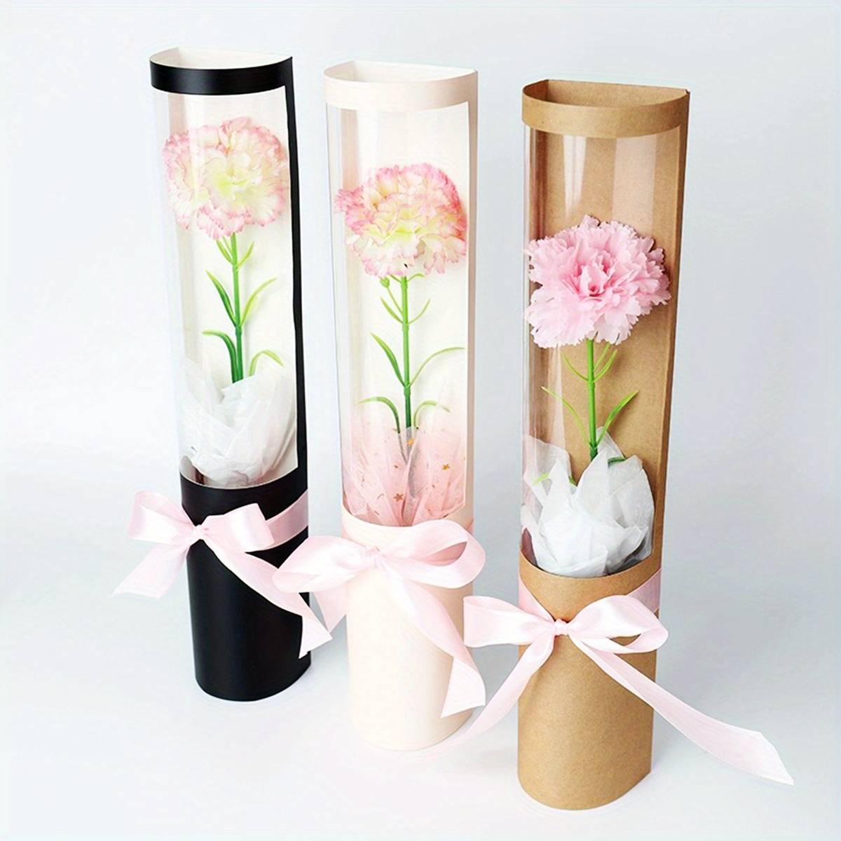 

5pcs Bouquet Gift Boxes With Transparent Front Panel & Ribbon - Black & Brown - Roses, Peonies, And Single-stem Flowers - High-quality Paper Material, Bouquet Accessories