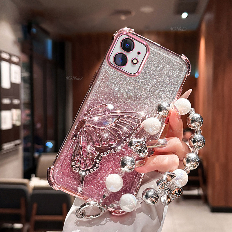 TEMU Luxury Plated Shockproof Phone Case For Iphone 11, Featuring Thickened Corners, Glitter Design, Quicksand Stand, And An Elegant Bracelet Chain