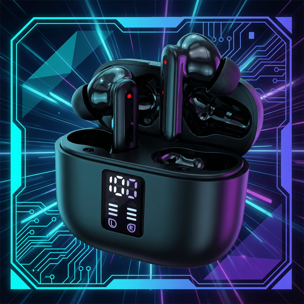 TEMU Nouveaux Écouteurs Fil Noirs 2026 avec Étui de Charge et Indicateur de Batterie, Compatibles TWS 6.0, Étui de Charge Fil et Microphone.