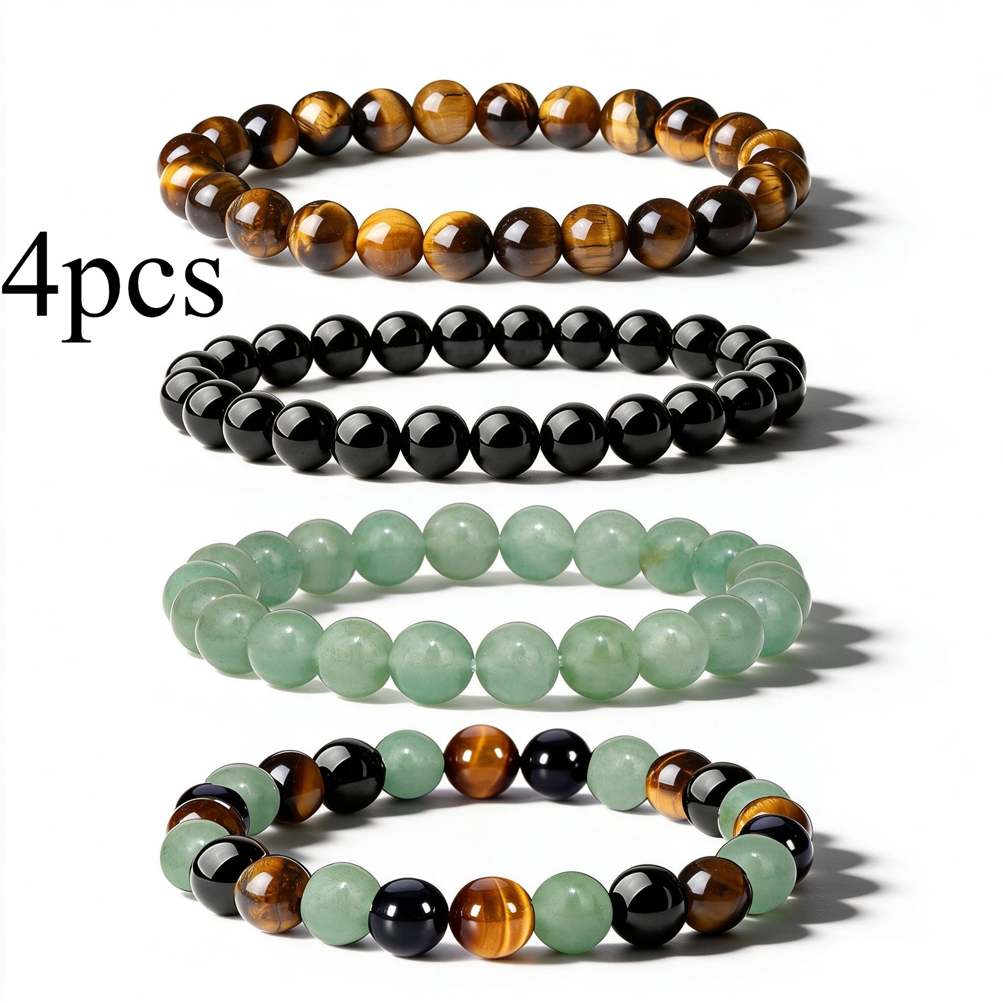 TEMU 4pcs 4pcs Set Men's Bead Bracelet Warm Tiger Black Glass Round Bead Fresh Light Green Glass Round Bead Retro Stackable Hand Jewelry Set