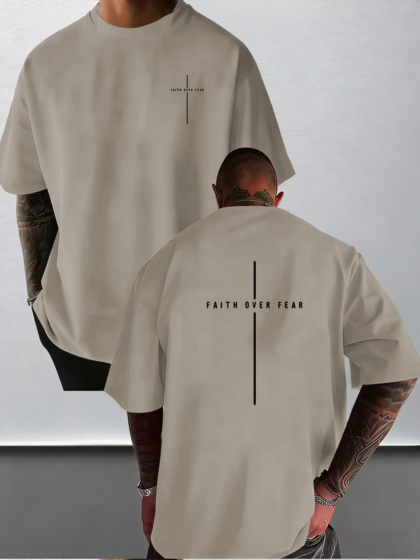 modisches kurzarm-t-shirt für herren mit kreativem markenmusterdesign glaubenskreuz-aufdruck, schlicht inspirierend, mit ruhiger individueller persönlichkeit, sommer-mode mit trendigen interessanten bedruckten mustern auf  - rückseite,   für tägliche freizeitkleidung fitness