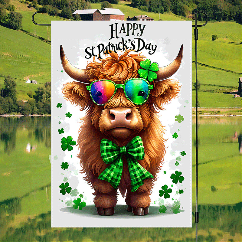 

1pc 's Day Highland Cow Garden Flag, Double-sided Waterproof Polyester Burlap Outdoor Decor, 12x18 Inch, Seasonal Holiday Celebration Decoration