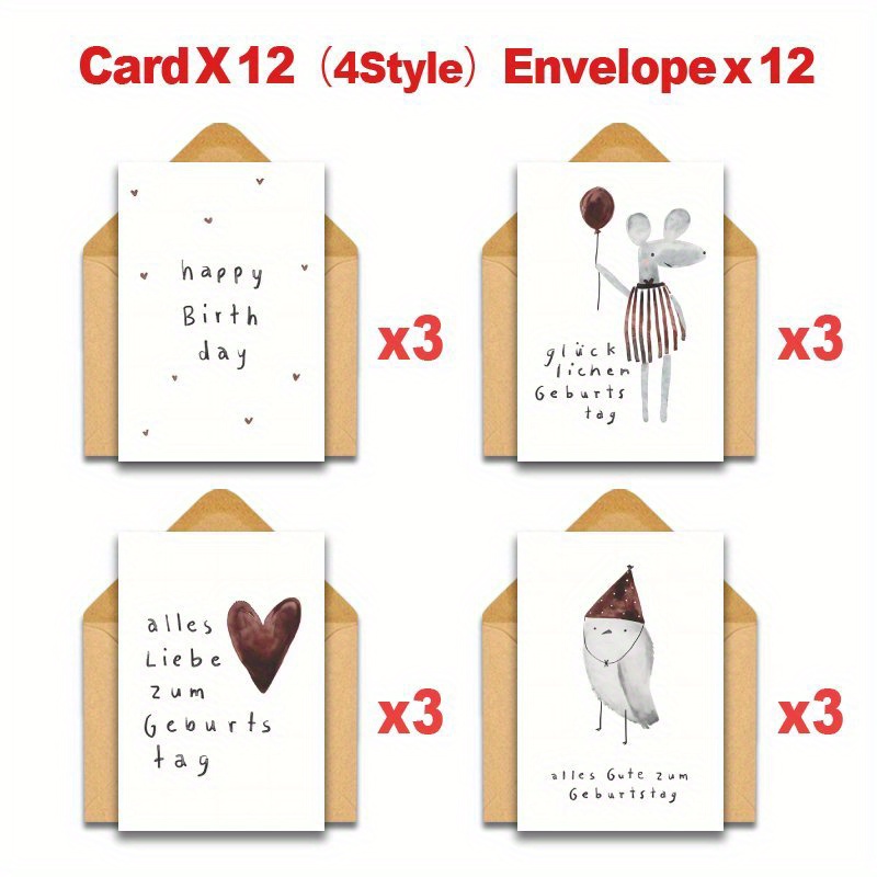 Image of (12 Greeting Cards And 12 Envelopes) Watercolor German Birthday Greeting Cards With Envelopes, Birthday Note Cards Bulk For Women Men Thank You